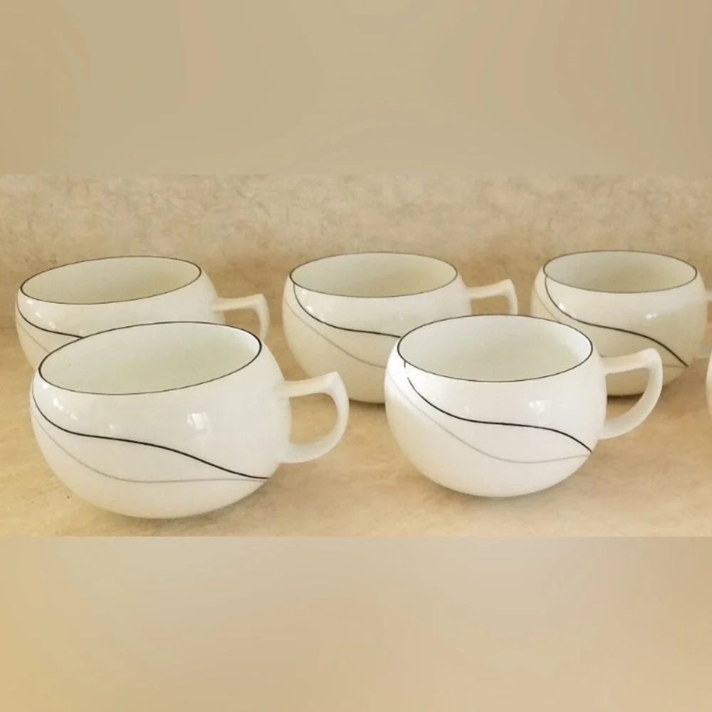 Set of FOUR Mikasa THREADS Coffee Cups, Black & Gray Lines Fine China Japan